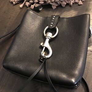 Black leather cross body bag approx 7” square